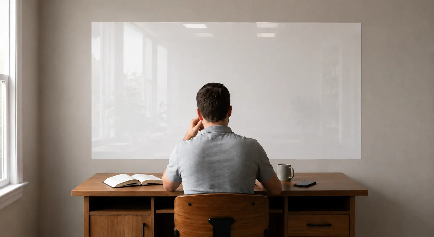 Personne installée à son bureau face à un tableau blanc adhésif Smack it! fixé au mur, couvert de notes et d'un planning écrits au feutre