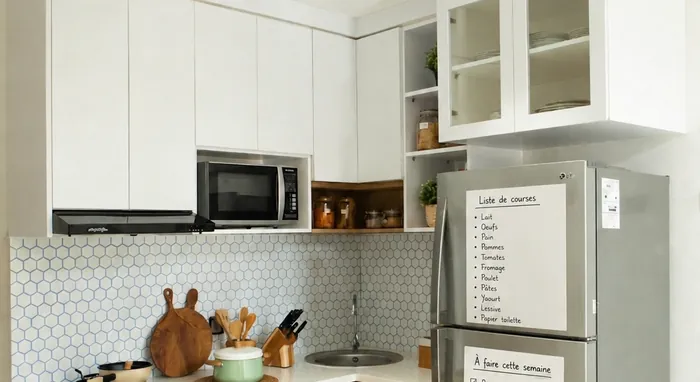Feuille Smack it! collée sur le frigo avec la liste de courses au feutre