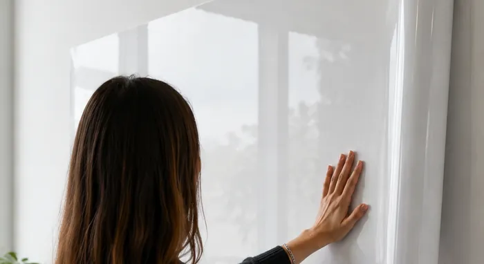 Pose d'une feuille adhésive Smack it! sur un mur, à la main