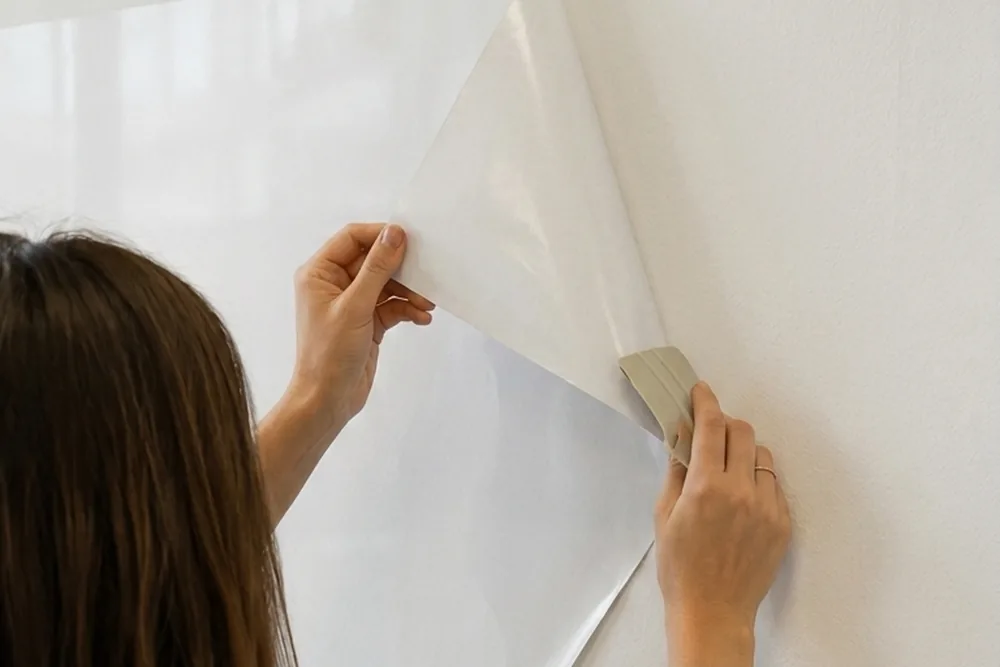 Feuille Smack it! enroulée, tenue à la main avant la pose au mur
